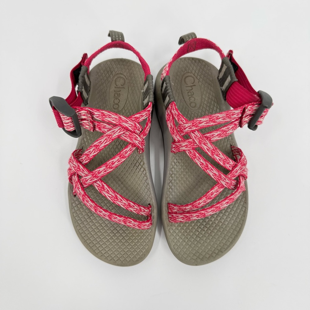 Chaco ZX/1 EcoTread Kids Sandal in a Pink/White Webbing Pattern Size 12